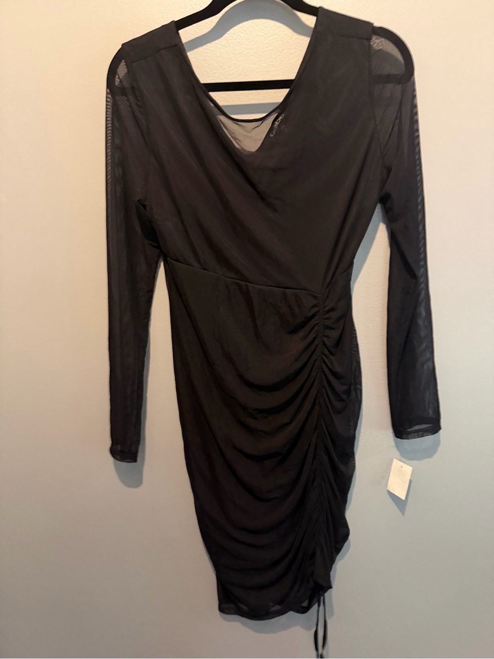 bebe Black Long-Sleeve Ruched Mesh Dress